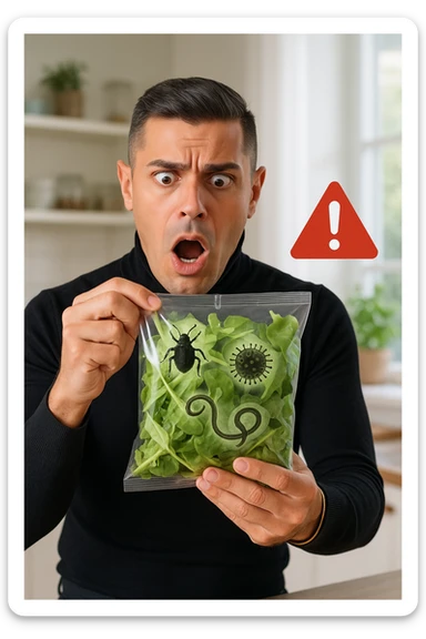 a man with a shocked expression holds a bag of salad greens up to the light. Through the clear plastic, enlarged and detailed images of various parasites and bacteria are visible among the leaves. A red warning triangle with an exclamation mark floats near the bag, emphasizing the health risk. The setting is a bright, everyday kitchen. sticker