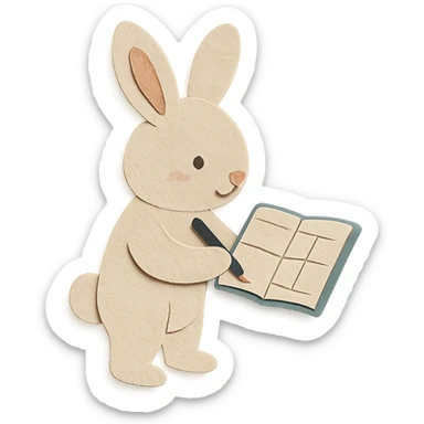 highly detailed, high quality paper craft style illustration of a cream-colored bunny standing and writing in a planner, intricate textures, soft lighting, delicate cut-paper details sticker