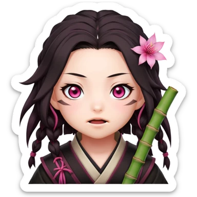 cute Nezuko from Demon Slayer with bamboo muzzle in her mouth and pink eyes sticker