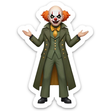 evil clown, bald, small black horns on forehead, fangs, pointed ears, eye patch over one eye, long coat over black and military green leisure suit with bellbottom pants, realistically proportioned, less bulky, full body, battle-ready, fighting posture sticker