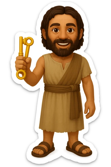 Make the shirt sleeveless like in 'The Chosen' show, keep plain robes, fullbody apostle Peter, high detail, emoji style, holding keys, standing pose, no background. sticker