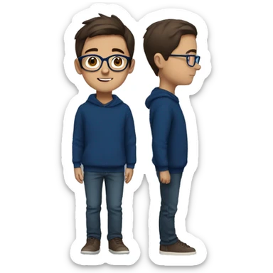 winter, christmas, young boy, short  brown hair, brown eyes, hispanic, dark blue sweater, full body, blue glasses sticker
