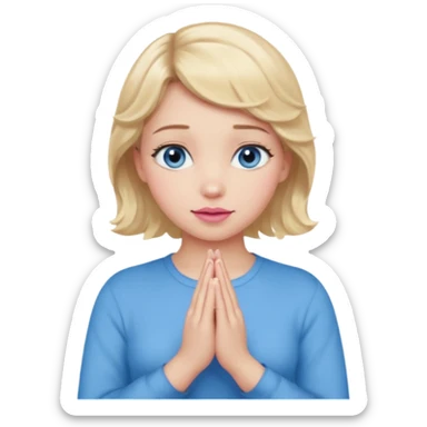Girl Blonde short wavy hair,  blue eyes, cute blue top, long lashes, pink lips, praying hands sticker