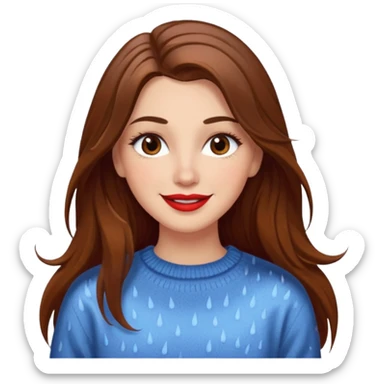 white woman with long brown hair and brown eyes, wearing a sweater, smiling in the rain, with long eyelashes and red lips sticker