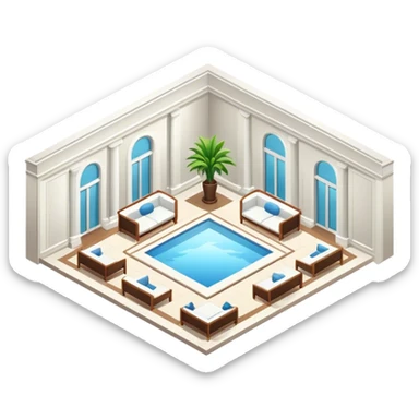 Sleek white luxury hotel resort lobby, isometric  sticker