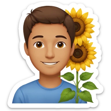 Man smelling sunflower with gentle smile, half body sticker