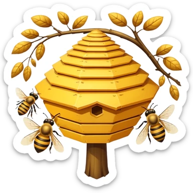 A small hive nestled between tree branches with worker bees. sticker