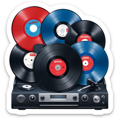 Icon for Vinyl Record Collecting: large black? red and blue vinyl records in decorative packaging featuring artist images, neatly arranged on a wall or shelf, vinyl record player. The icon should reflect the aesthetic and artistic aspect of collecting vinyl records. Transparent background. sticker