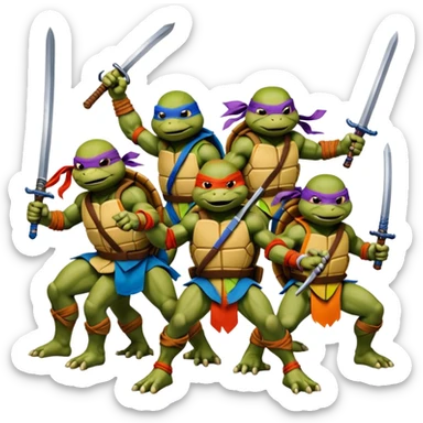 Vector emoji sticker of 4 Ninja Turtles: Leo (blue/swords), Raph (red/sais), Donnie (purple/staff), and Mikey (orange/nunchucks). Action poses, NYC rooftop, pizza box, bold comic style, white border. sticker
