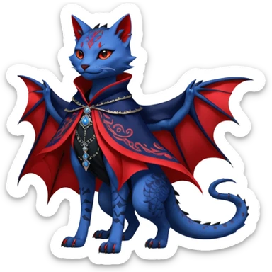 Kawaii gothic badass black, red, indigo, cute beautiful pretty elegant divine edgy feline-vernid-sergal-Haku-dragon-fursona-animal-creature, full body, with intricate detailed markings, Embroidered capelet, silken shawl sticker