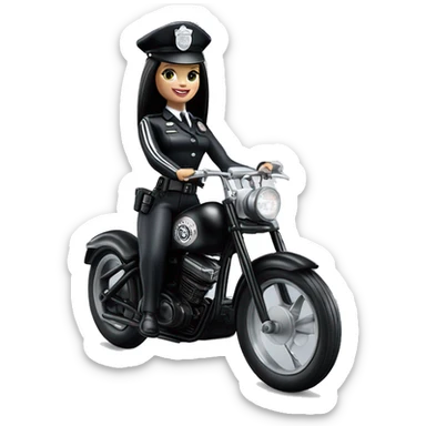 Good Time Barbie, Wednesday Addams from academy, in vertically-striped dark-gray and black London police officer’s uniform with hat. Leaning back at the hips, riding a wheelie on a hot rod bike smiling  sticker