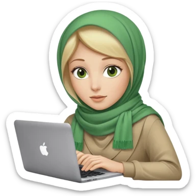 blond women skine , with green eyes , with scarf hijab ,dont show hir hair, with macbook sticker