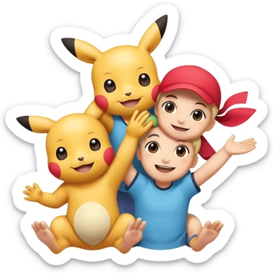 Three Pokémon characters working together as friends — bright, cheerful, and playful. They are helping each other: one is lifting another up, another is offering a hand, and they are all smiling. The style is colorful, cute, and cartoon-like, with a joyful background. sticker