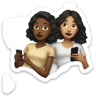 girl with  brown hair and girl with black hair on their phones laying in a bed with a beige comforter  sticker