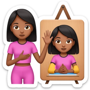 a brown skin teachers with hair that stop at elbows girl with black straight like hair wearing pink not hot pink 2 piece set teaching up on a board sticker