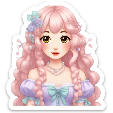 Gorgeous anime style lady with blushing face and accessories cottagecore fairycore Kawaii anime colorful pearly romantic aesthetic trending style sticker