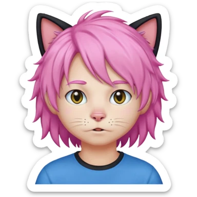 Black cat wearing a male pink hair wig, blue T-shirt sticker