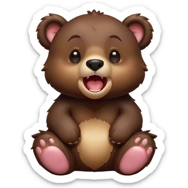 Cinematic Cute Yawning bear cub Portrait Emoji, Head tilted slightly with a dramatic, wide-open yawn, showcasing a soft, plush dark brown fur with drooping ears, round eyes barely open in drowsy contentment, Simplified yet irresistibly adorable features, highly detailed, glowing with a soft, cozy glow, high shine, relaxed yet expressive, stylized with a touch of woodland charm, bright and endearing, soft glowing outline, capturing the essence of a sleepy yet affectionate bear cub, so drowsy it feels like it could lumber out of the screen and curl up for a nap! sticker