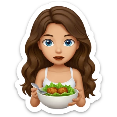 Girl with olive skin, blue eyes, brown dark insanely wavy long hair, white camisole eating a bowl of lettuce and chicken sticker