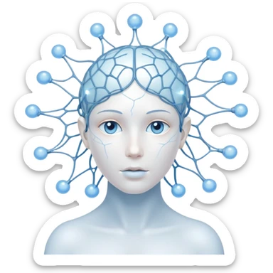 minimalist human figure with luminous cores at head and heart, delicate lines and orbs forming a neural web, soft white-blue light sticker