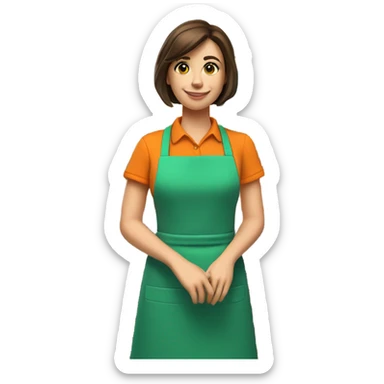 A 3D-rendered, cute and colorful illustration of a cashier standing behind a checkout counter. The cashier is a smiling young woman with short brown hair, wearing an orange shirt and a green apron. She has a friendly and welcoming facial expression. The counter is modern and vibrant, designed with rounded edges, featuring a yellow countertop, blue panels, and cylindrical yellow legs. A small, orange POS terminal (cash register screen) is placed on the counter. The background is neutral, clean, and minimalistic. The art style is soft and polished, resembling high-quality 3D plastic figures with smooth textures and a slightly glossy finish. The lighting is soft and evenly distributed, creating a warm and inviting atmosphere. The scene looks cheerful and professional, ideal for illustrating retail and service industry concepts sticker