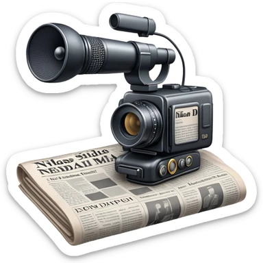 An icon featuring a microphone, a newspaper, a professional camera Nikon D5, representing journalism and mass media. The design includes headlines and imagery, symbolizing the spread of news and information. Transparent background highlights the power of communication and media. sticker