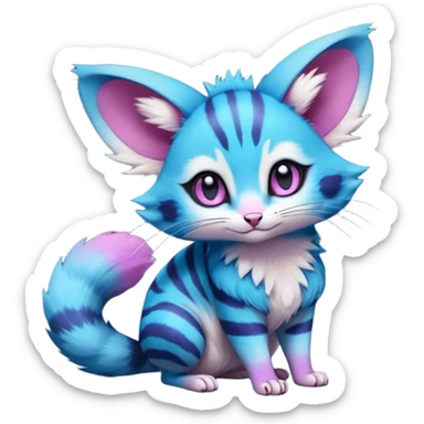 Cyan-blue-Cobalt-blue-magenta-gradients divine beautiful elegant pretty precious cute young youthful  Fakémon-Pokémon-alien-opossum-feline-serval-caracal-chinchilla-Minccino-hybrid-creature with a big fluffy bushy striped tail (full body) sticker