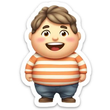 Chubby cartoon character, round belly, rosy cheeks, striped sweater, waddling, cheerful expression, warm colors, low angle view sticker