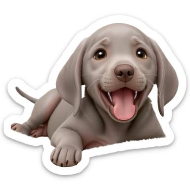 cinematic-cute-yawning-weimaraner puppy-portrait-emoji,-head-tilted-slightly-with-a-dramatic,-wide-open-yawn,-revealing-a-sleek grey fur-with-a-subtle-shimmer,-floppy-ears-slightly-drooping,-round-brown-eyes-barely-open-in-drowsy sticker