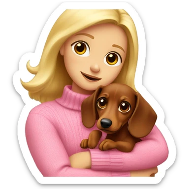 A blonde girl in a pink sweater hugs a brown dachshund sticker