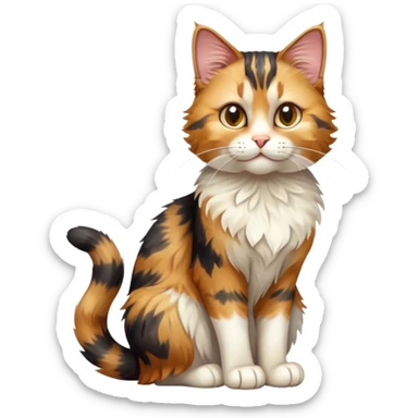 cinematic-[calico tabby cat]-realistic-full-body-sitting-emoji,-tail-curled-playfully-around-its-paws,-head-tilted-dramatically,-scruffy-[calico]-fur,-simplified-yet-realistic-focused-features,-highly-detailed,-glowing-with-an-almost-sarcastic-glow sticker