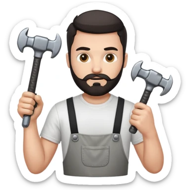  guy who looks very handsome, he has a dark beard, wears a white tee shirt and holds a wrench in one hand and a black hammer in the other hand sticker