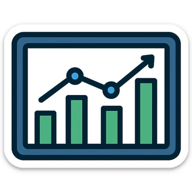 modern business metrics dashboard icon, flat vector style, rectangular display with navy frame, white background, four green bars of increasing height, overlaid with blue line graph and data points, minimal tech-inspired clean sticker