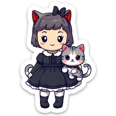 girl wearing black Lolita style dress, with medium-length black hair with red tips, and a gray American Shorthair tabby cat sticker