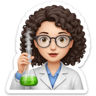 A crazy female scientist, with curly dark brown hair, brown eyes and grey glasses and pale skin  sticker