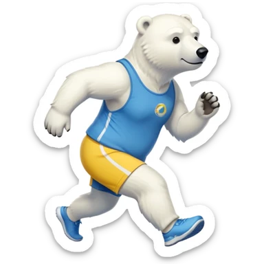 friendly anthropomorphised polar bear jogging upright, wearing blue and yellow athletic outfit and dark sunglasses sticker