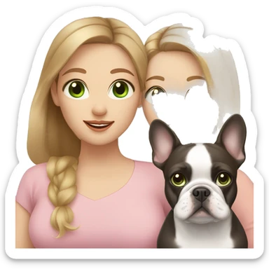 Mom with light brown hair and green eyes, daughter with light brown hair and blue eyes, French bulldog sticker