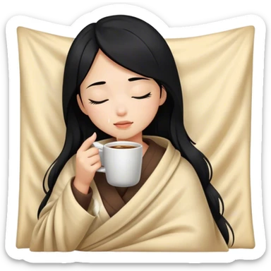 Asian girl inside a blanket sipping coffee eyes closed black hair sticker