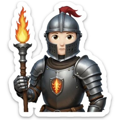 knight holding a short wooden torch in hand wearing darker, realistic iron armor in dark souls style sticker