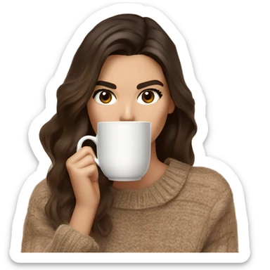 brunette Kendall Jenner with long and light brown hair her eyes brown and sipping coffee Her hair is wavy and shiny With brown sweater just one  sticker