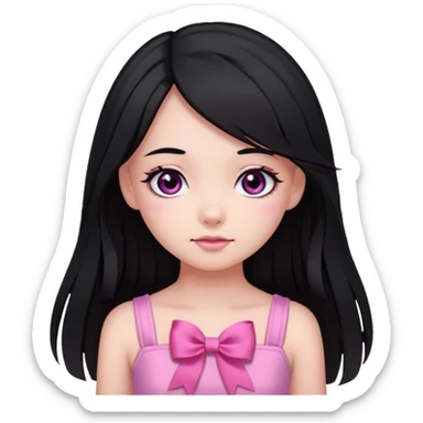 A cute girl, long black hair with 🎀, black eyes, wearing a pink dress  sticker