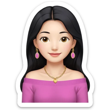 South Korean girl in her mid-thirties with long black hair with a middle part. She is wearing a pink, off the shoulder long sleeve knit sweater, extra small gold earrings and a gold necklace. She has brown eyes with narrow, mono lid shape and smiling with lips together sticker