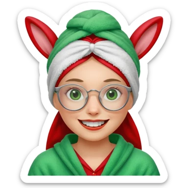 A woman who has a big rabbit-like front teeth wearing a green towel in her head with a broken glasses on her face in red pajamas sticker
