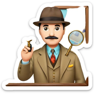 Icon for Detective Movies: A colorful collage featuring Detective Poirot, with a magnifying glass, revolver and a mysterious city backdrop. Include a board with photos of suspects, fingerprints, and a crime scene. Retro movie poster style. Transparent background. sticker
