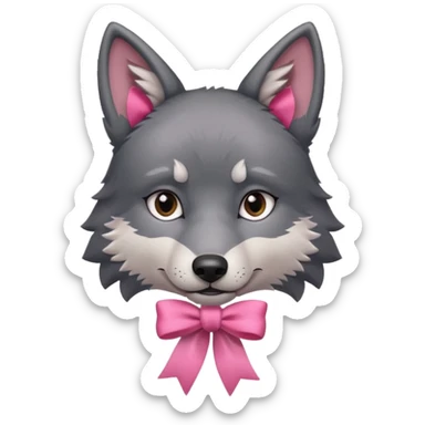 Pleading sad Face cute dark grey wolf with a pink ribbon io his ear head sticker