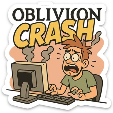 Oblivion logo bold and graphic with 'crash' overlay in large text, flat toon style sticker