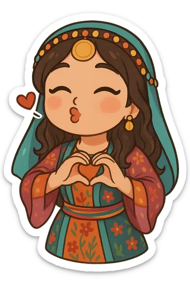 Cartoon sticker of a Kurdish woman in traditional Kurdish female clothing, colorful and cheerful, face sending a kiss, both hands forming a heart in front of chest, no shadows or color halos around the image, no text, suitable for WhatsApp and Instagram, fully transparent background. sticker