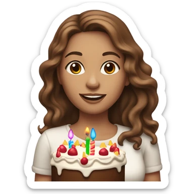 White woman, long hair, brown hair, wavy hair, holding birthday cake sticker