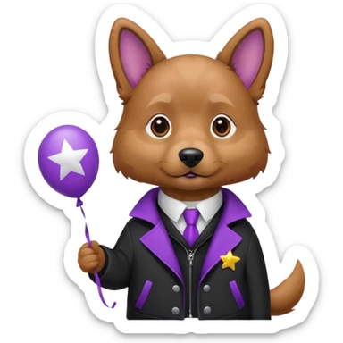 Dog hold purple star shape balloon, black jacket sticker