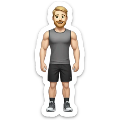 Full height Pale skinned fit man With biceps, Realistic eyes and mouth, light brown hair and stubble In dark gray sleeveless mike, black oversize sports shorts, watch and white sneakers. sticker